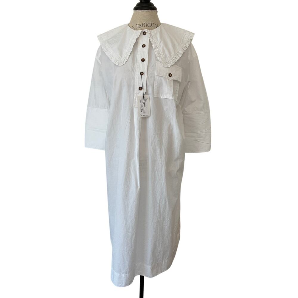 GANNI Organic Cotton White Poplin Ruffle Trim Oversized Shirt Midi Dress XXS/XS